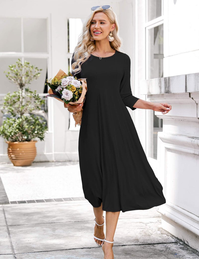 HOTOUCH Women's 3/4 Sleeve Dress Casual Pleated Tshirt Dress Womens Black Summer Dresses(Black L) - Image 3